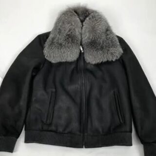 Apex Leather Cart Men’s Black Real Leather Aviator Bomber Jacket with Grey Fur Collar