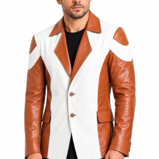 Apex Leather Cart Men’s Cognac Tan & White Two-Tone Real Leather Blazer Jacket