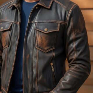 Apex Leather Cart Men’s Distressed Dark Brown Real Leather Trucker Jacket