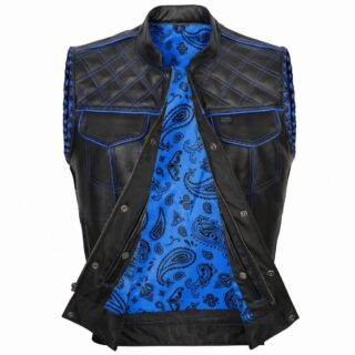 Apex Leather Cart Men’s Black Real Leather Motorcycle Vest with Blue Diamond Stitching & Paisley Lining