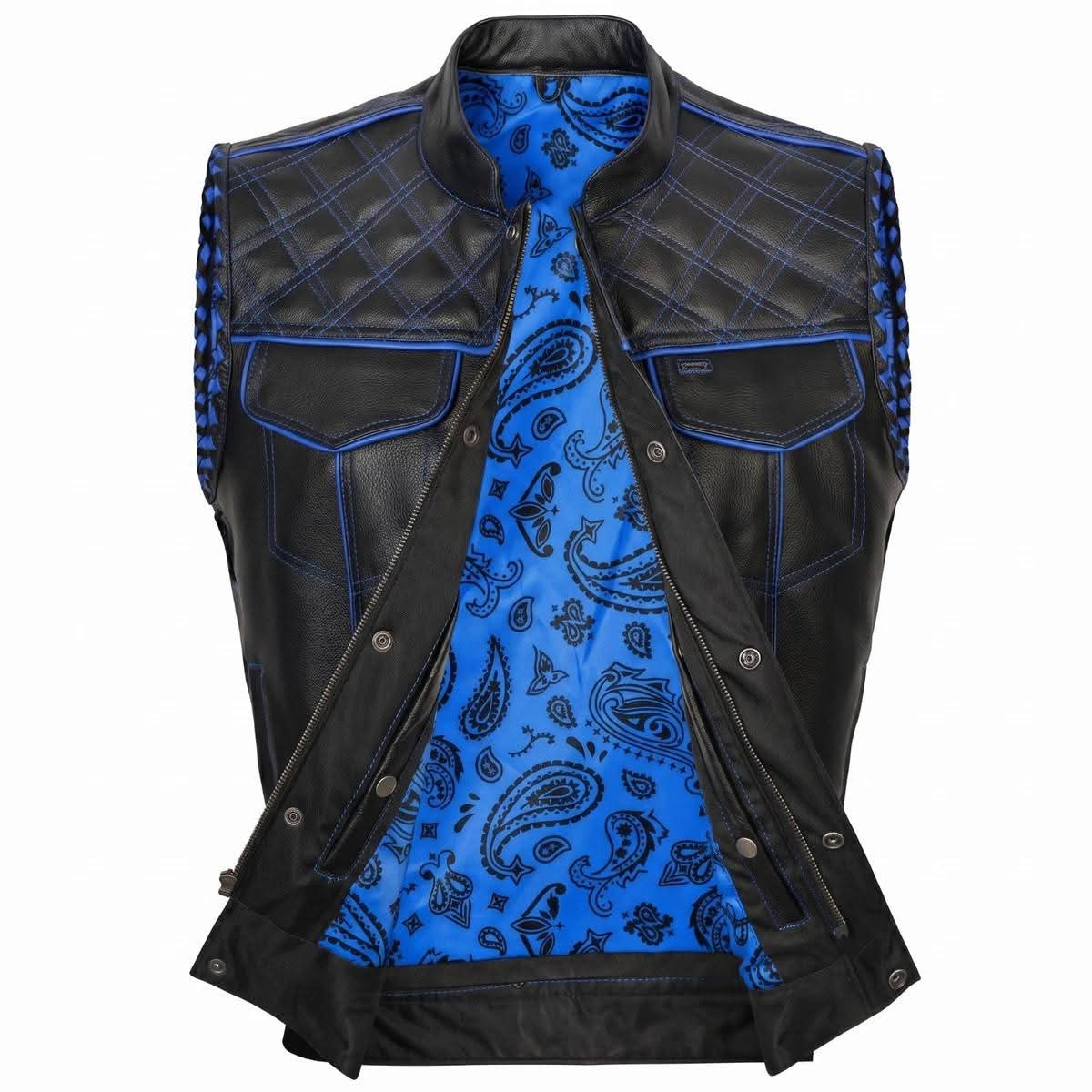 Apex Leather Cart Men’s Black Real Leather Motorcycle Vest with Blue Diamond Stitching & Paisley Lining