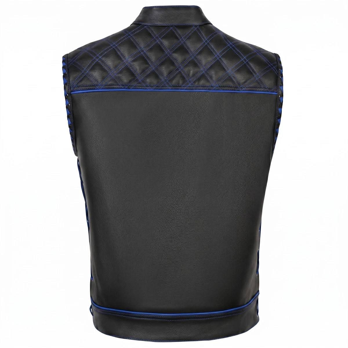 Apex Leather Cart Men’s Black Real Leather Motorcycle Vest with Blue Diamond Stitching & Paisley Lining - Image 2