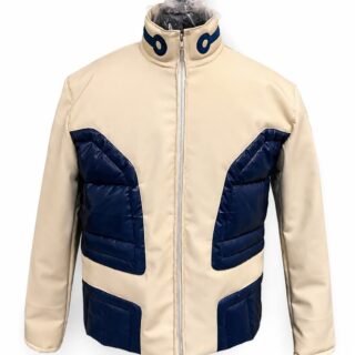 Apex Leather Cart Men’s Beige & Blue Cosplay Leather Jacket with Red Back Emblem