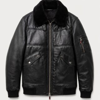 Apex Leather Cart Men’s Black Real Leather Shearling Collar Bomber Jacket