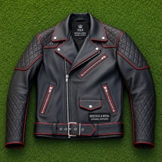 Apex Leather Cart Men’s Black & Red Piping Quilted Real Leather Biker Jacket