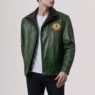 Apex Leather Cart Men’s Forest Green Real Leather Double Collar Patch Jacket