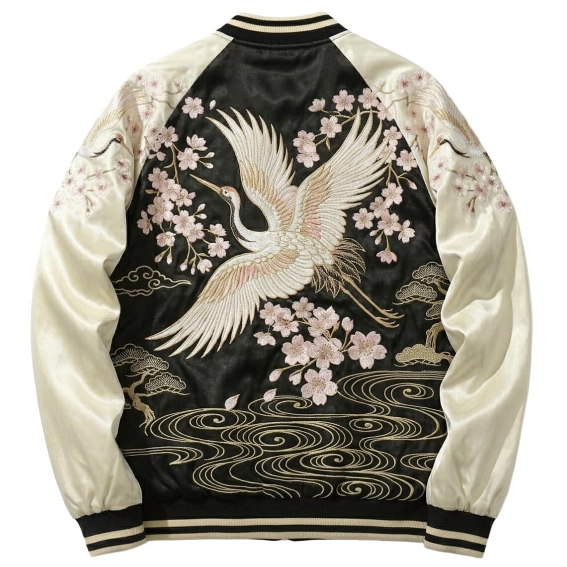 Apex Leather Cart Japanese Sukajan Satin Bomber Jacket with Crane & Cherry Blossom Embroidery - Image 2