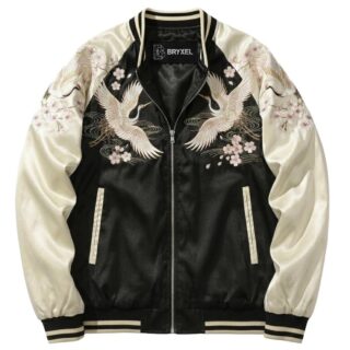 Apex Leather Cart Japanese Sukajan Satin Bomber Jacket with Crane & Cherry Blossom Embroidery