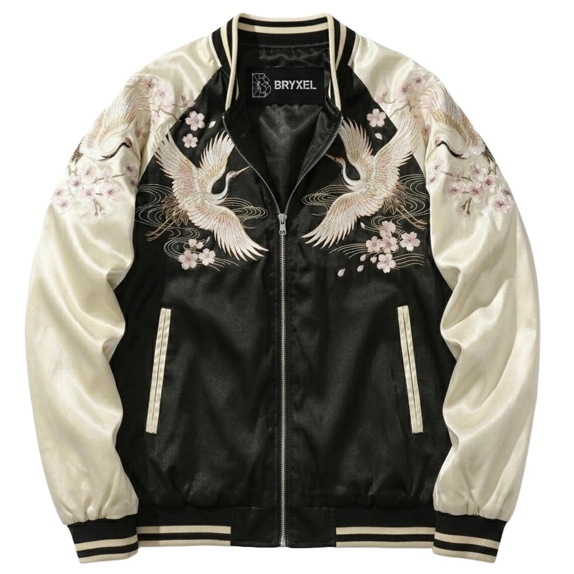 Apex Leather Cart Japanese Sukajan Satin Bomber Jacket with Crane & Cherry Blossom Embroidery
