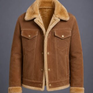 Apex Leather Cart Men’s Camel Tan Suede Shearling Trucker Jacket