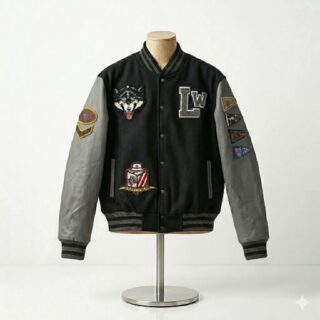 Apex Leather Cart Men’s Black Wool & Grey Leather "LASTWOLF" Varsity Letterman Jacket