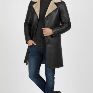 Apex Leather Cart Men’s Black Leather Shearling Lined Trench Coat